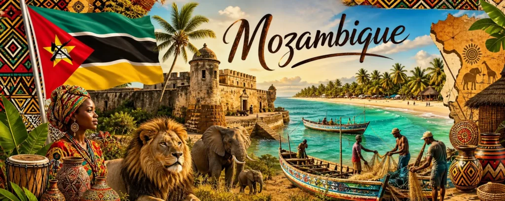 Illustration du Mozambique avec monuments, animaux, drapeau et nom du pays en image de couverture
