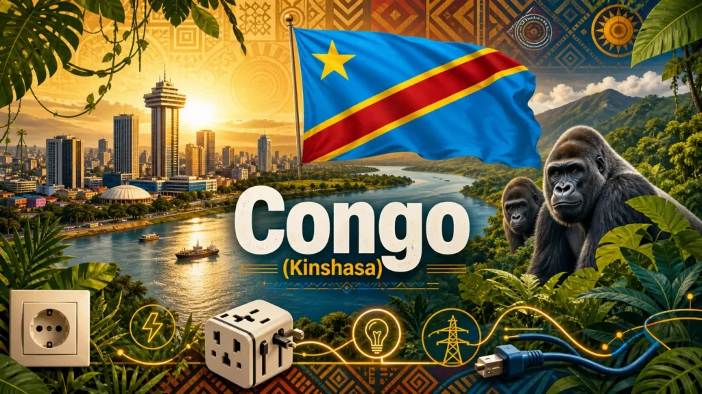 Illustration du Congo (Kinshasa) avec drapeau, monuments, nature et prises électriques pour illustrer les adaptateurs et le voltage
