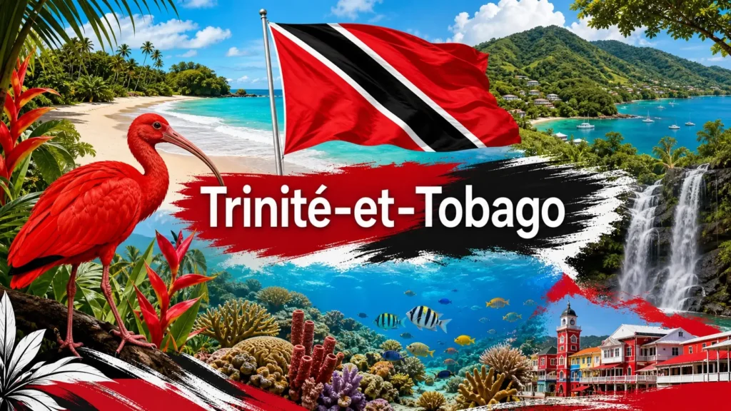 Illustration de Trinité-et-Tobago avec drapeau, plage tropicale et ibis rouge pour illustrer les prises électriques et adaptateurs du pays

