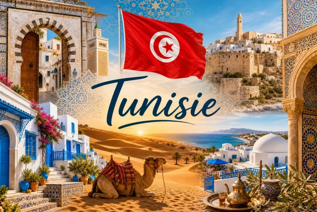 Illustration de la Tunisie avec monuments, désert, dromadaire et drapeau tunisien pour guide des prises électriques
