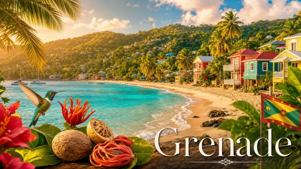 Illustration de la Grenade avec plage tropicale, drapeau national et éléments emblématiques pour les prises électriques
