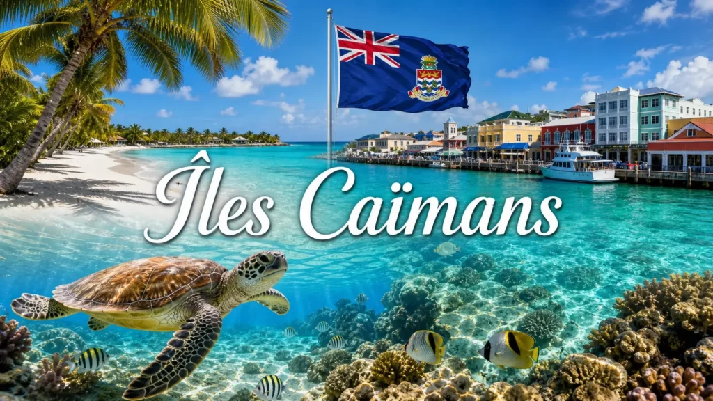 Image de couverture représentant les Îles Caïmans avec plages tropicales, tortues marines, monuments locaux et drapeau des Îles Caïmans
