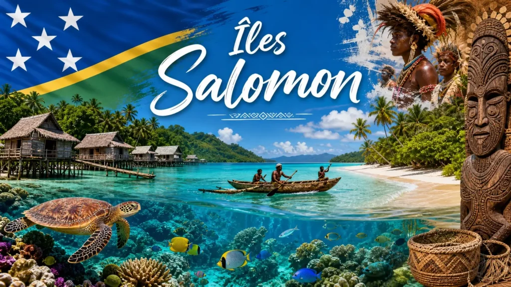 Illustration des Îles Salomon avec plages tropicales, palmiers, faune marine et drapeau national, avec le texte Îles Salomon intégré
