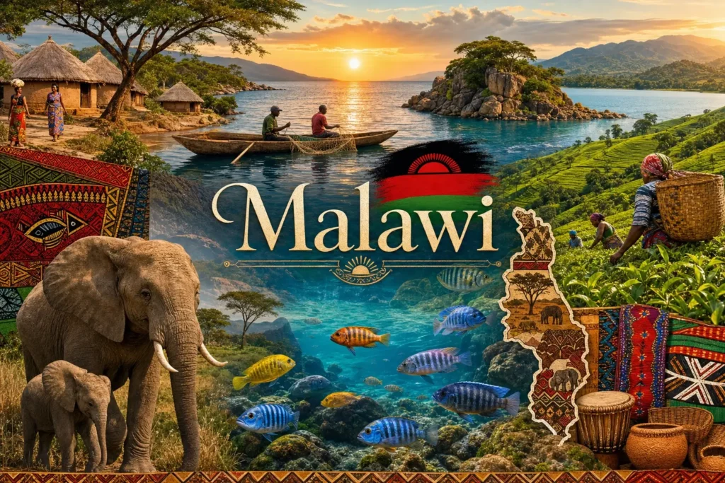 Illustration du Malawi avec le lac Malawi, des paysages africains, des animaux et le drapeau du pays, avec le nom Malawi intégré dans l’image
