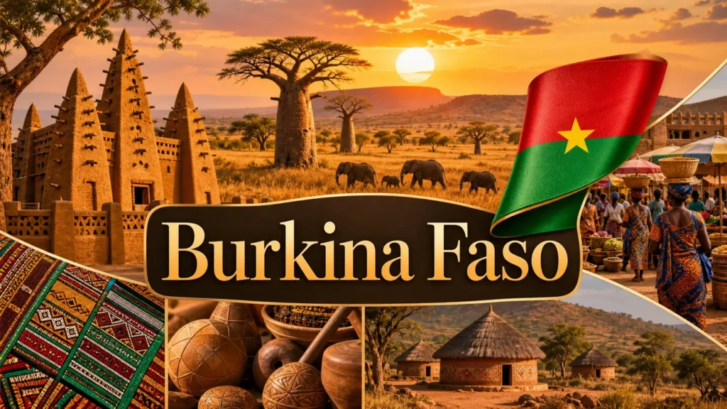 Illustration du Burkina Faso avec monuments, savane, animaux et drapeau pour guide des prises électriques
