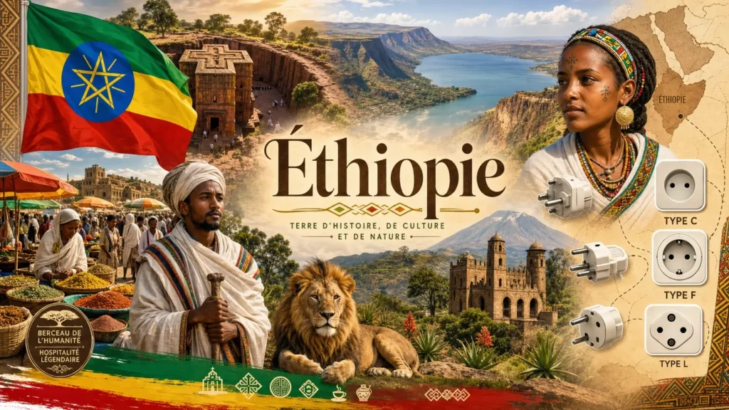 Illustration de l’Éthiopie avec monuments, paysages, drapeau et types de prises électriques utilisés dans le pays
