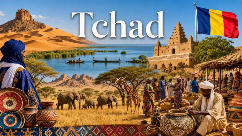 Illustration du Tchad avec paysages, animaux, drapeau et nom du pays pour une page sur les prises électriques et adaptateurs
