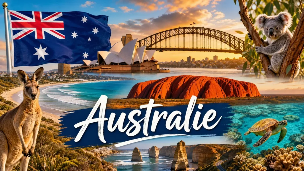 Illustration de l’Australie avec l’Opéra de Sydney, un kangourou, Uluru et le drapeau australien, avec le texte Australie