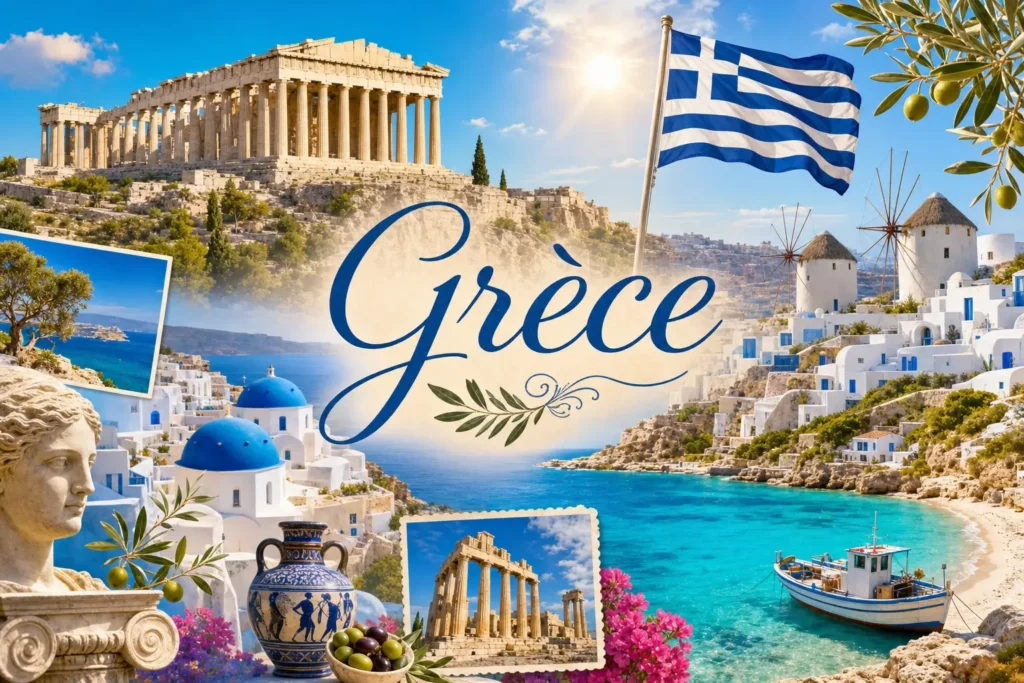 Illustration de la Grèce avec le Parthénon, les maisons blanches de Santorin, la mer Égée et le drapeau grec, avec le nom “Grèce” affiché