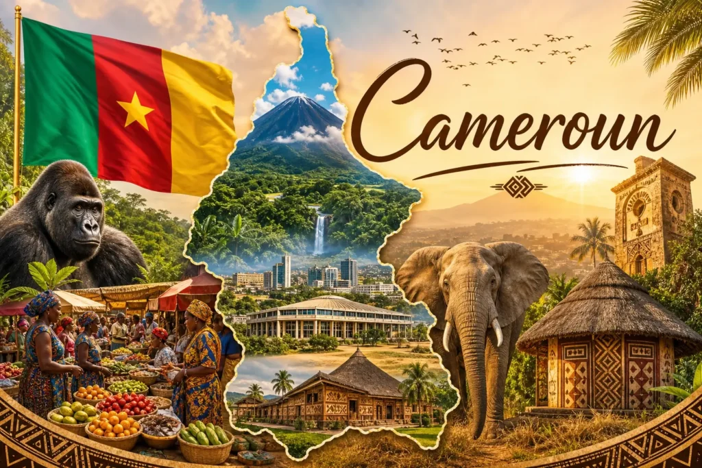 Illustration du Cameroun avec monuments, animaux, drapeau et ambiance locale en format paysage
