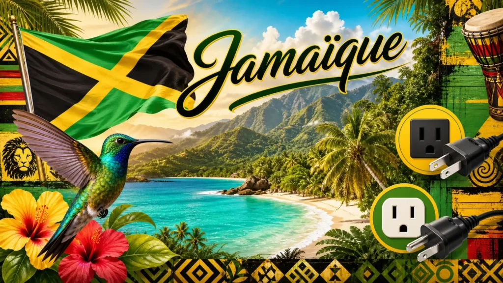 Illustration de la Jamaïque avec drapeau, paysages tropicaux et prises électriques utilisées dans le pays
