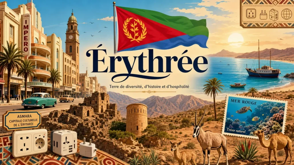 Illustration de l’Érythrée avec monuments d’Asmara, paysages désertiques, faune locale et drapeau, évoquant les prises électriques et adaptateurs du pays
