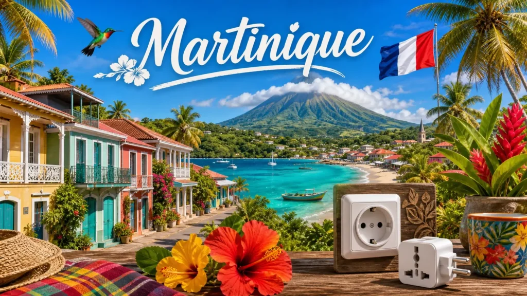 Illustration de la Martinique avec paysages tropicaux, drapeau et prises électriques en format paysage
