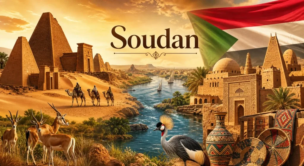 Illustration du Soudan avec pyramides de Méroé, désert, Nil et drapeau soudanais, utilisée comme image de couverture pour les prises électriques au Soudan
