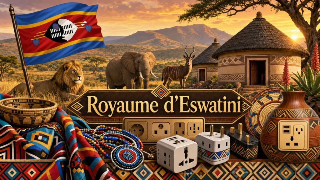 Illustration du Royaume d’Eswatini avec paysages de savane, animaux africains, motifs culturels et drapeau, incluant des prises électriques et adaptateurs de voyage
