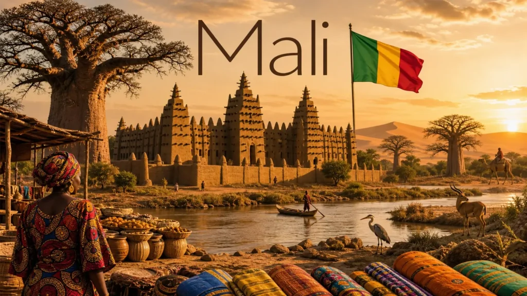 Illustration du Mali avec la mosquée de Djenné, paysages sahéliens, drapeau malien et éléments culturels représentant les prises électriques au Mali
