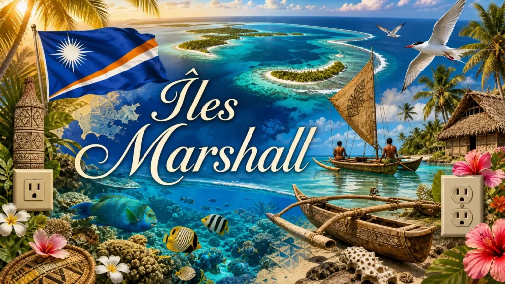 Illustration des Îles Marshall avec lagons, palmiers, drapeau national et prises électriques de type A et B en format paysage
