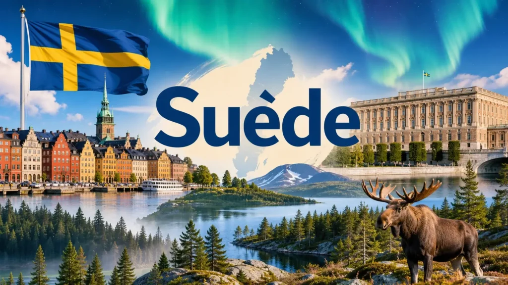 Illustration de la Suède avec monuments, paysages nordiques, élan et drapeau suédois en arrière-plan