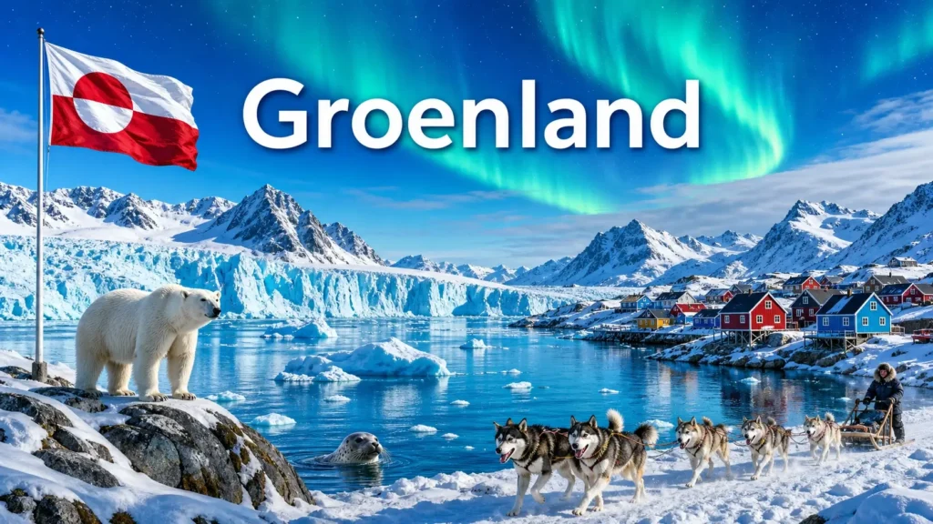 Illustration du Groenland avec glaciers, aurores boréales, animaux arctiques et drapeau, représentant les prises électriques utilisées au Groenland
