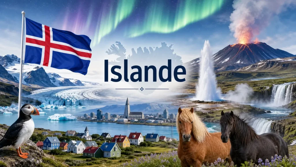 Illustration de l’Islande avec paysages volcaniques, cascades, aurores boréales, macareux et drapeau islandais, avec le texte Islande en image de couverture
