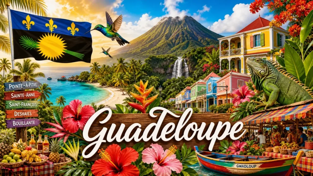 Illustration de la Guadeloupe avec paysages tropicaux, volcan de la Soufrière, colibris et drapeau guadeloupéen, avec le nom du pays
