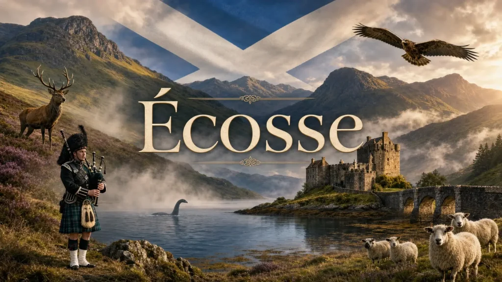 Illustration de l’Écosse avec château, Highlands, loch, animaux et drapeau écossais, avec le texte "Écosse"