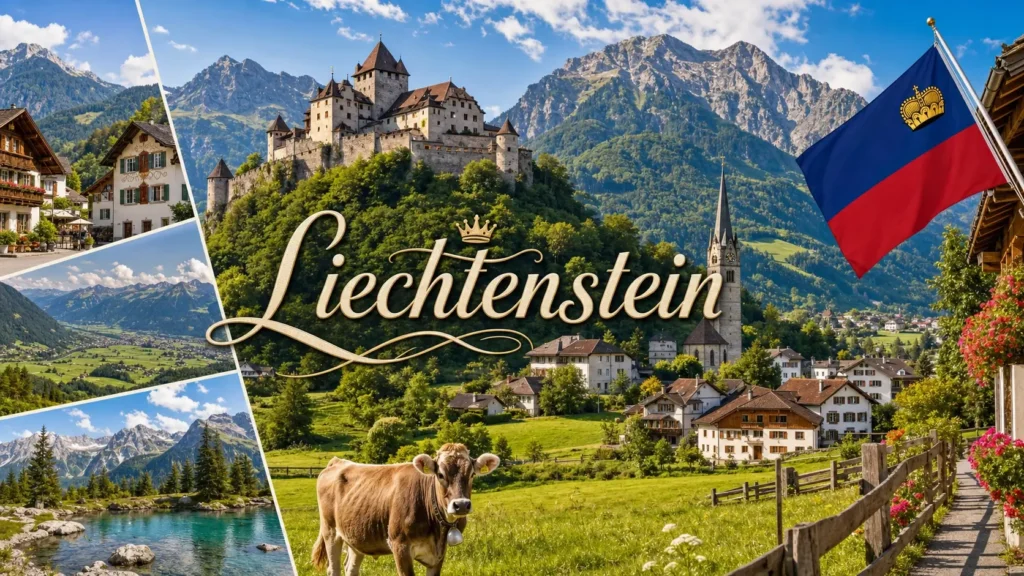 Illustration du Liechtenstein avec château de Vaduz, montagnes alpines, drapeau national et nom du pays en format paysage
