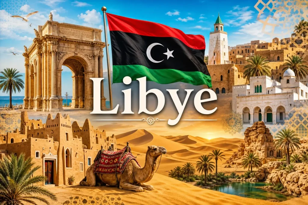Illustration de la Libye avec monuments, désert, drapeau libyen et le nom du pays, représentant les prises électriques et adaptateurs
