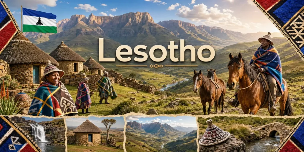 Illustration du Lesotho avec montagnes, culture basotho, drapeau national et nom du pays en image de couverture
