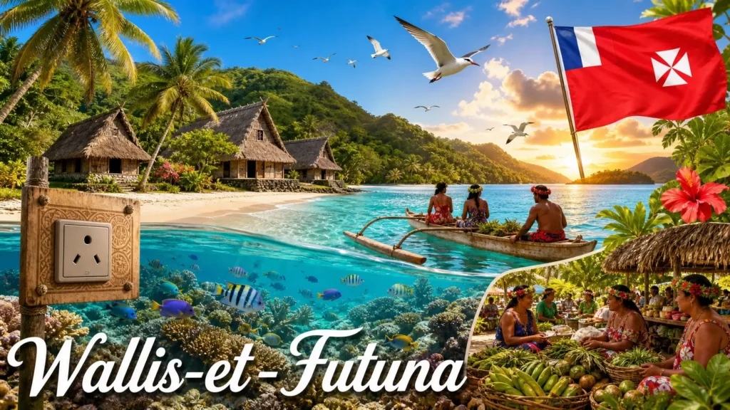 Illustration de Wallis-et-Futuna avec paysages tropicaux, monuments locaux, drapeau et indication des prises électriques utilisées sur le territoire
