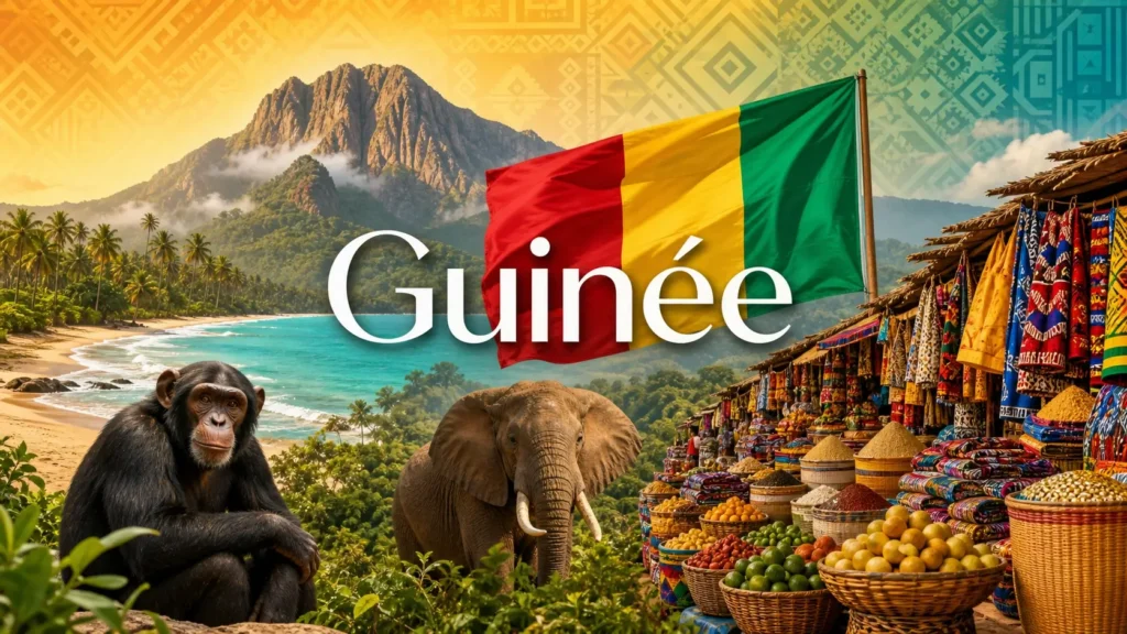Illustration de la Guinée avec monuments, animaux, drapeau guinéen et ambiance africaine pour guide des prises électriques
