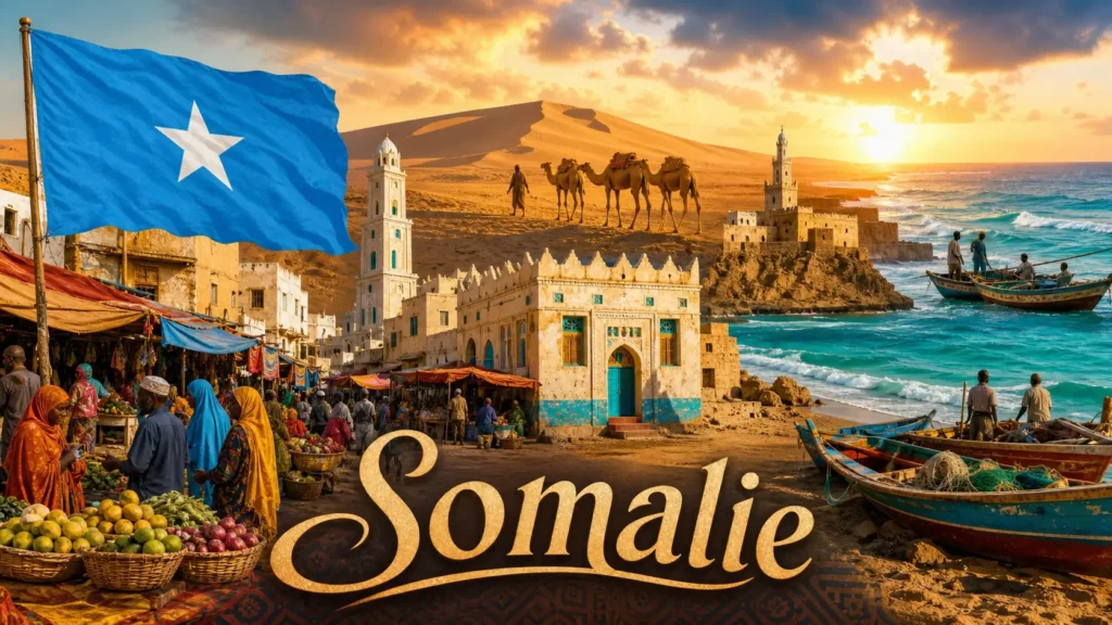 Illustration de la Somalie avec paysages désertiques, chameaux, côte maritime et drapeau somalien, avec le nom du pays intégré
