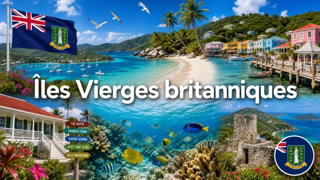 Illustration des Îles Vierges britanniques avec plages tropicales, mer turquoise, palmiers, drapeau et nom du pays, pour illustrer les prises électriques et adaptateurs