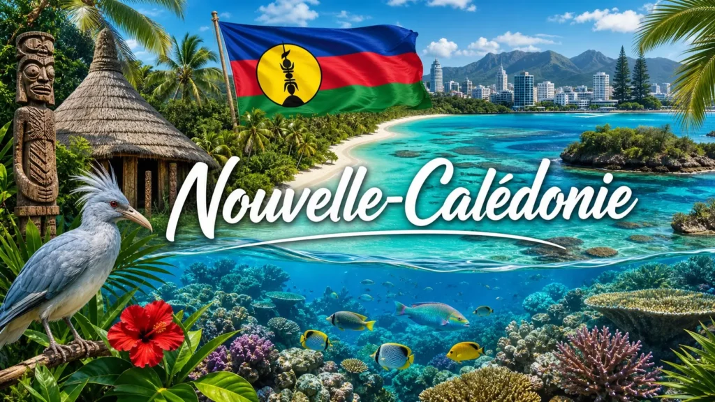 Illustration de la Nouvelle-Calédonie avec lagon, cagou, paysages tropicaux, drapeau et nom du pays, en bannière paysage
