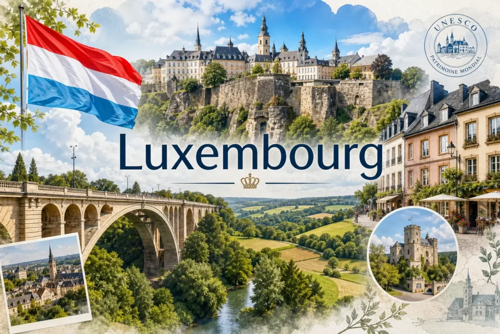 Illustration du Luxembourg avec monuments emblématiques, paysage vallonné et drapeau luxembourgeois en arrière-plan
