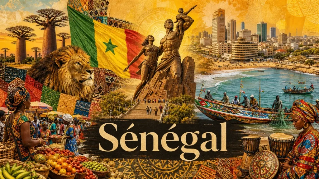 Illustration du Sénégal avec monuments, baobabs, animaux et drapeau, pour une page sur les prises électriques et adaptateurs
