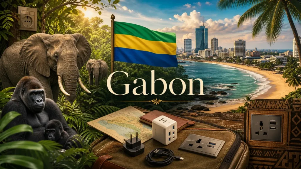 Illustration du Gabon avec forêt tropicale, animaux sauvages, drapeau gabonais et prises électriques pour illustrer les adaptateurs nécessaires

