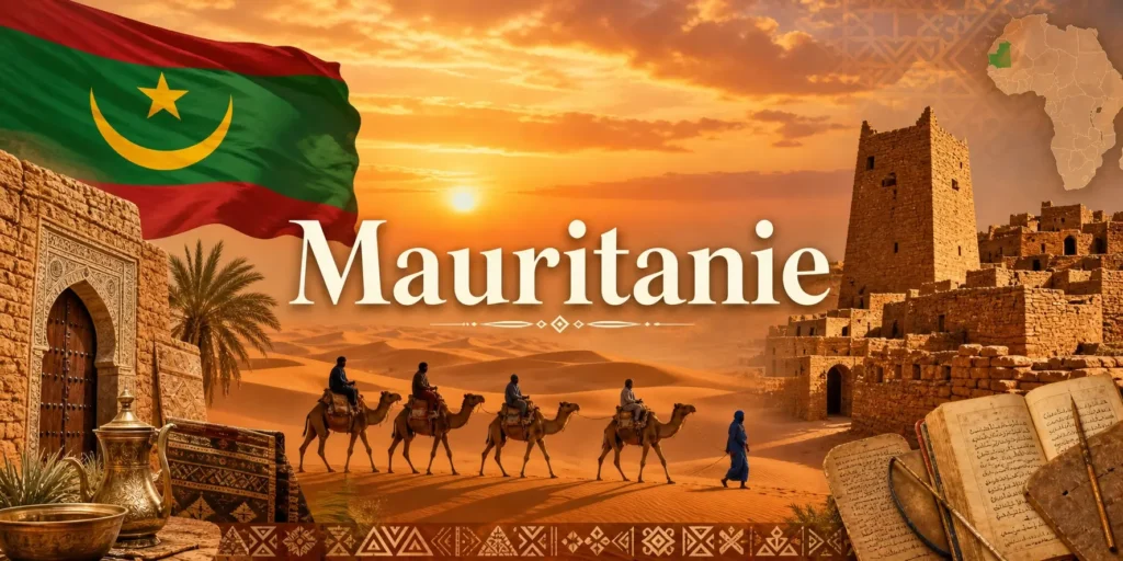 Illustration de la Mauritanie avec dunes du Sahara, chameaux, architecture traditionnelle et drapeau mauritanien avec le nom du pays
