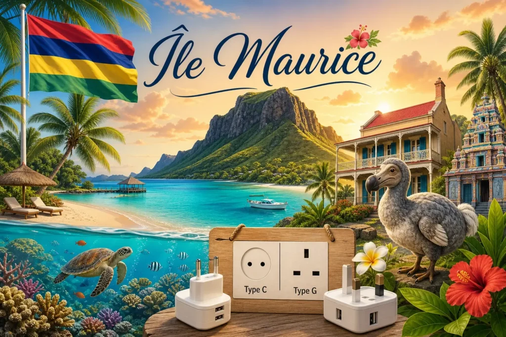Illustration de l’île Maurice avec plages, montagne du Morne, dodo, drapeau mauricien et prises électriques types C et G en format paysage
