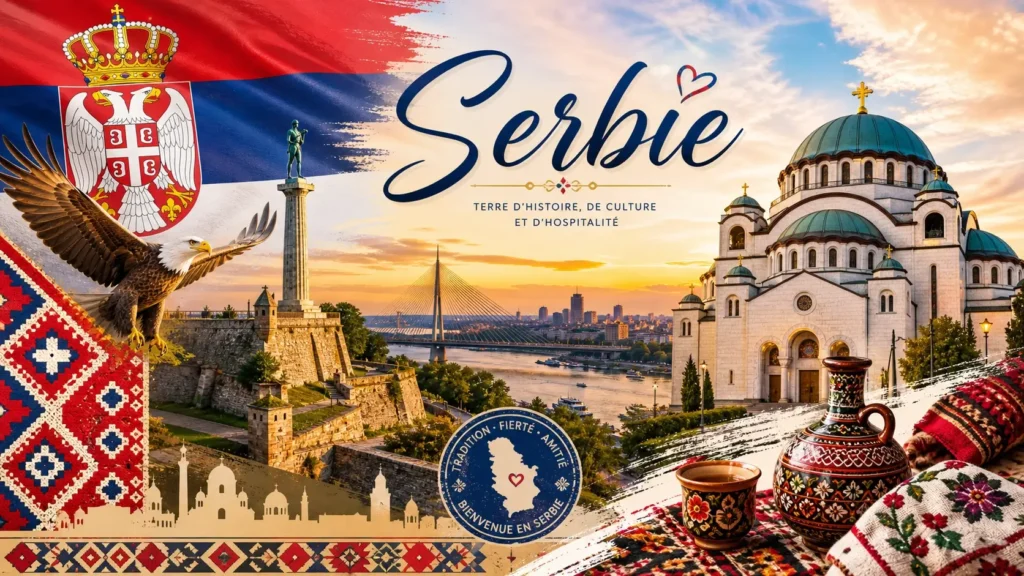Illustration de la Serbie avec monuments emblématiques, drapeau serbe et nom du pays, pour une page sur les prises électriques et adaptateurs en Serbie