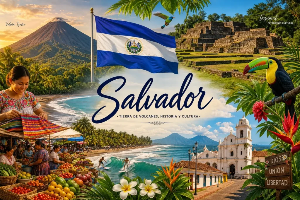Illustration du Salvador avec volcans, plage, culture locale et drapeau, représentant les prises électriques et le pays