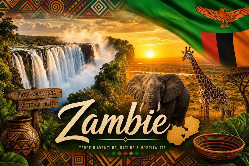 Illustration de la Zambie avec les chutes Victoria, des animaux de la savane et le drapeau zambien, avec le nom du pays intégré dans l’image
