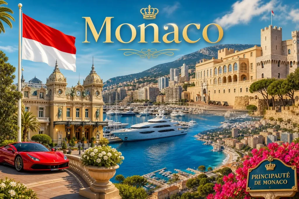 Illustration de Monaco avec le port, le Casino de Monte-Carlo, le drapeau monégasque et le nom du pays en image
