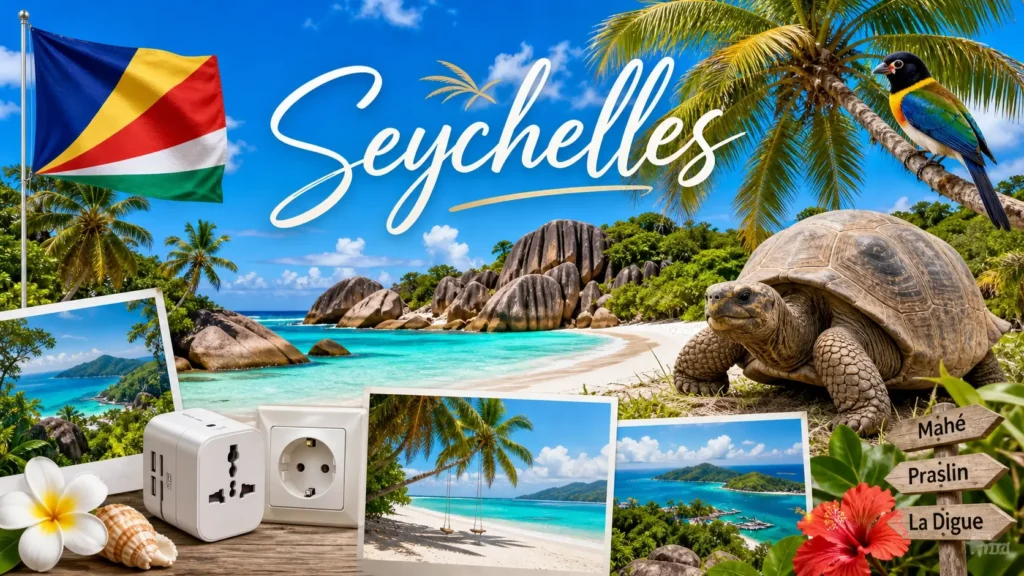 Illustration des Seychelles avec plages tropicales, tortue géante, drapeau national et mention Seychelles pour une page sur les prises électriques
