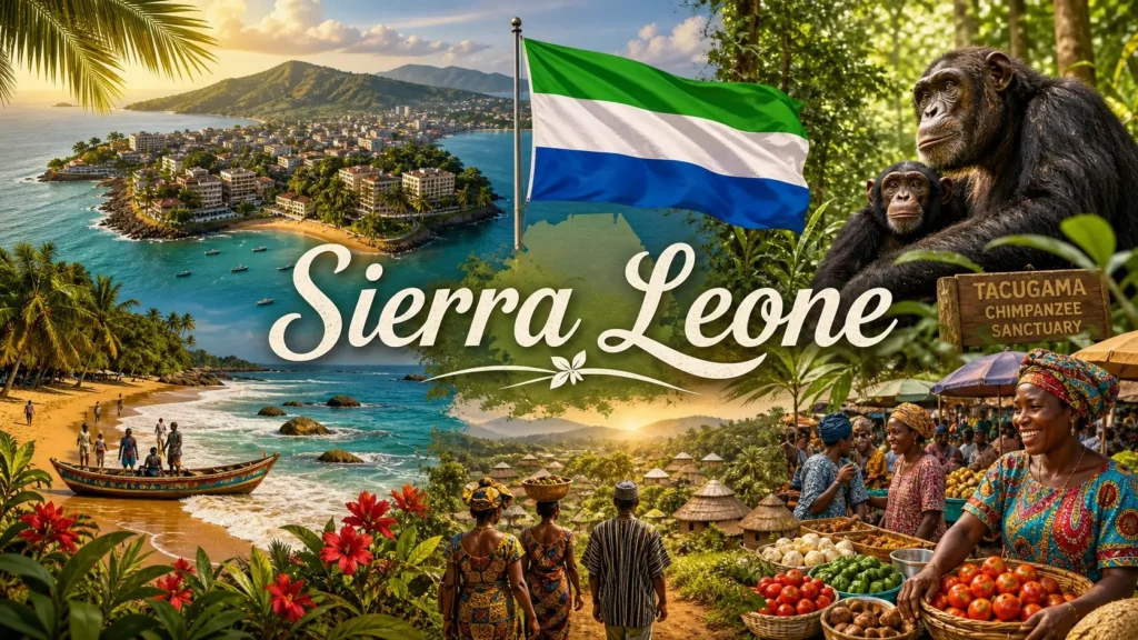Illustration de la Sierra Leone avec monuments naturels, chimpanzés, scènes locales et drapeau national en format paysage
