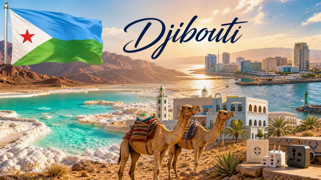 Illustration de Djibouti avec paysages désertiques, lac Assal, chameaux, drapeau national et prises électriques en arrière-plan