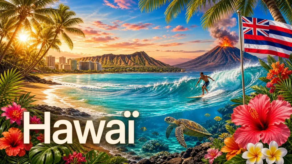 Illustration de Hawaï avec plages tropicales, volcan, surfeur et drapeau hawaïen, représentant les prises électriques et adaptateurs utilisés sur l’île
