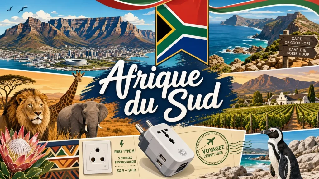 Illustration de l’Afrique du Sud avec monuments, animaux, drapeau et prise électrique type M pour adaptateur de voyage
