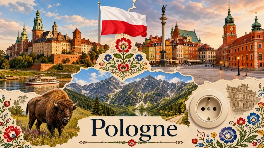 Illustration de la Pologne avec monuments célèbres, drapeau polonais et prise électrique type E