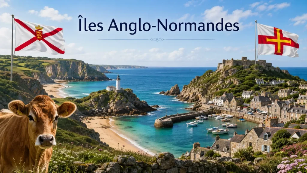 Illustration des Îles Anglo-Normandes avec falaises, phare, port, vaches de Jersey et drapeaux de Jersey et Guernesey, avec le texte Îles Anglo-Normandes
